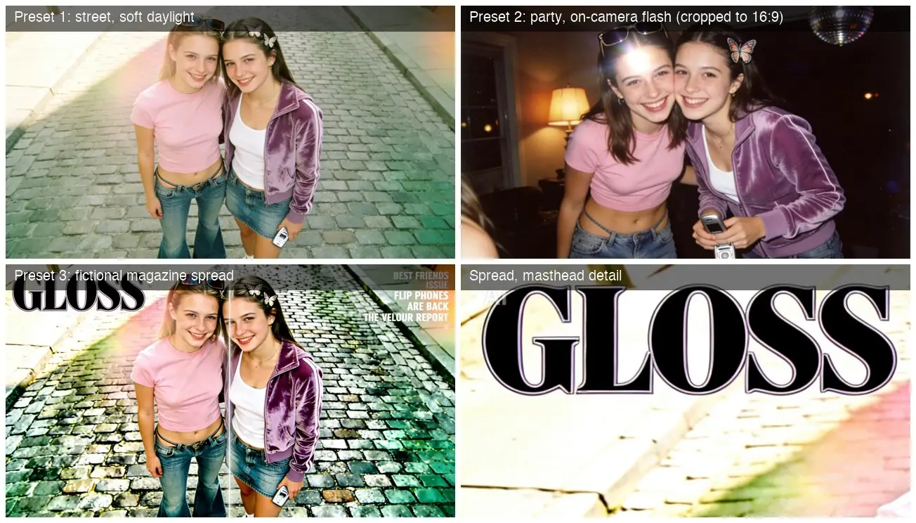 Close-up of the GLOSS masthead over a bright cobblestone background with pastel light flares