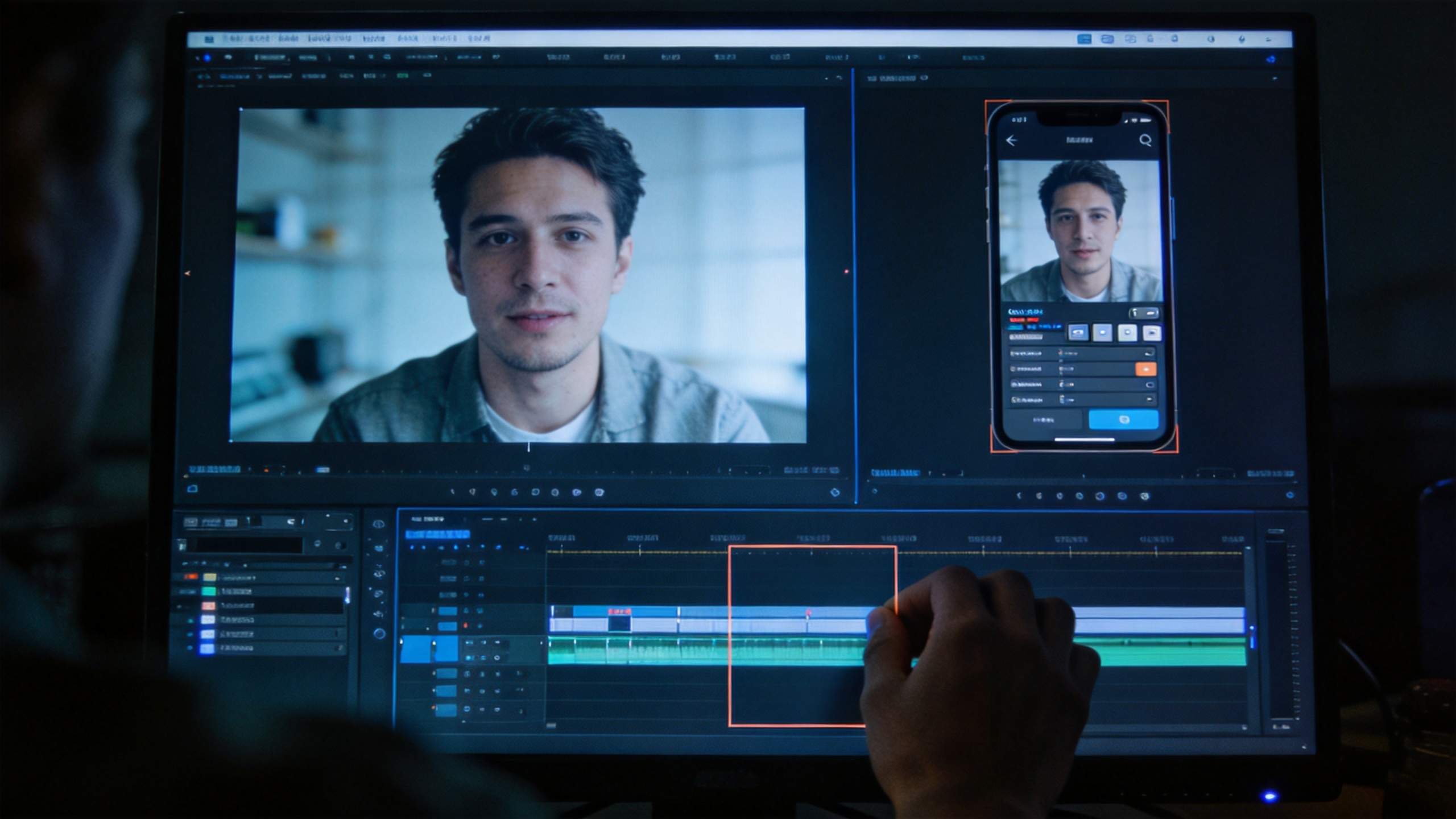 Video editor on screen with a portrait clip, phone preview, and timeline being edited
