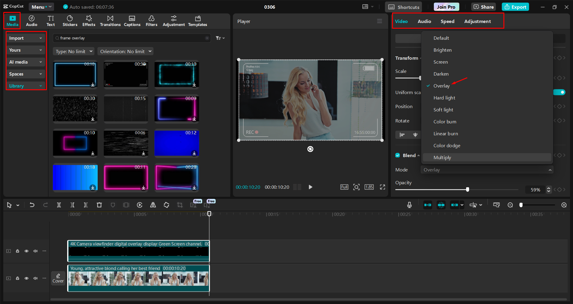 Downloading and customizing a film frame overlay in the CapCut desktop video editor
