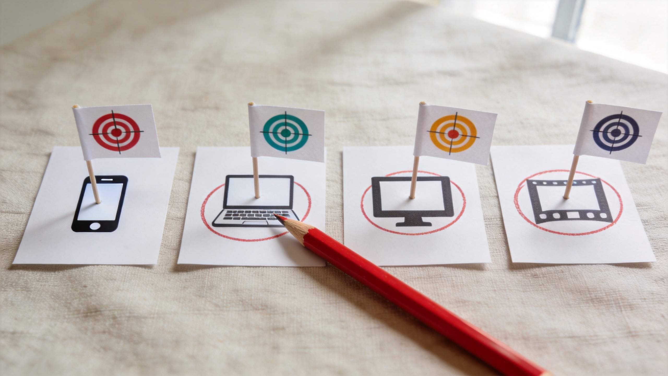 Pencil pointing to laptop icon target among phone, monitor, and filmstrip targets
