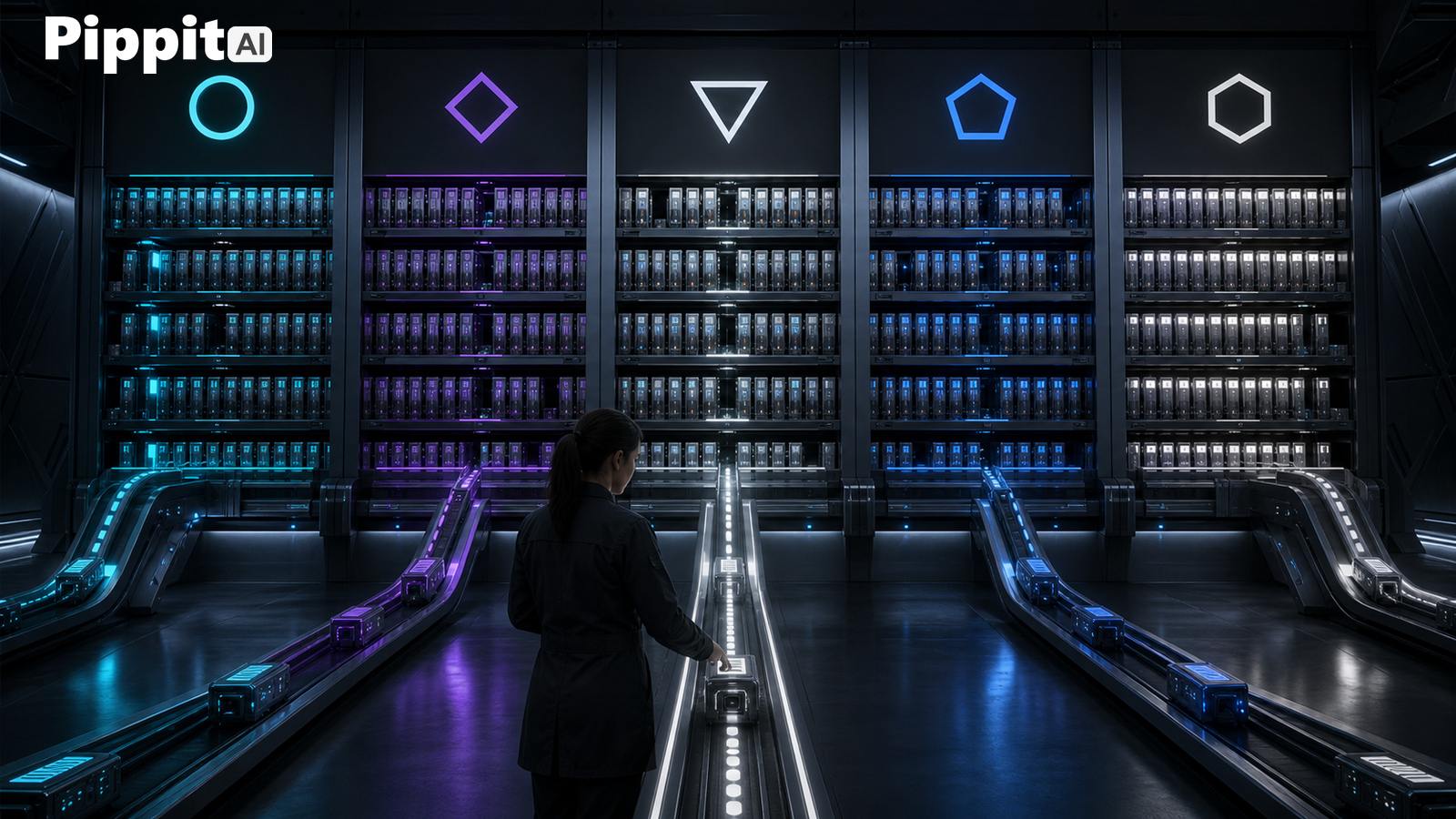 Person standing before rows of glowing storage shelves and conveyor tracks in a futuristic warehouse