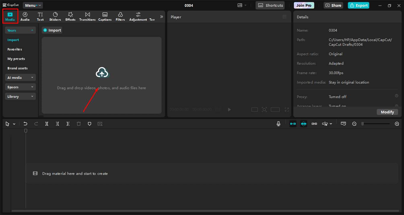 Uploading video from device to CapCut desktop video editor