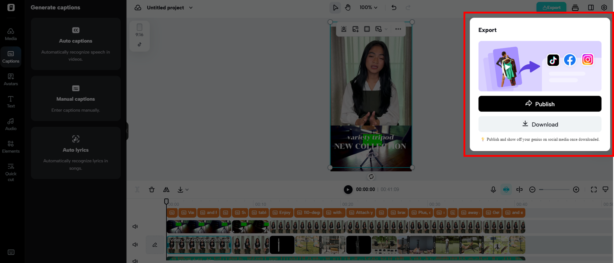 Publique ou baixe o vídeo que você criou