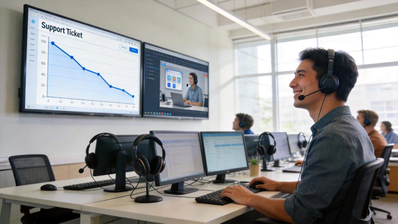 Call center agents at computers with a chart showing support tickets declining