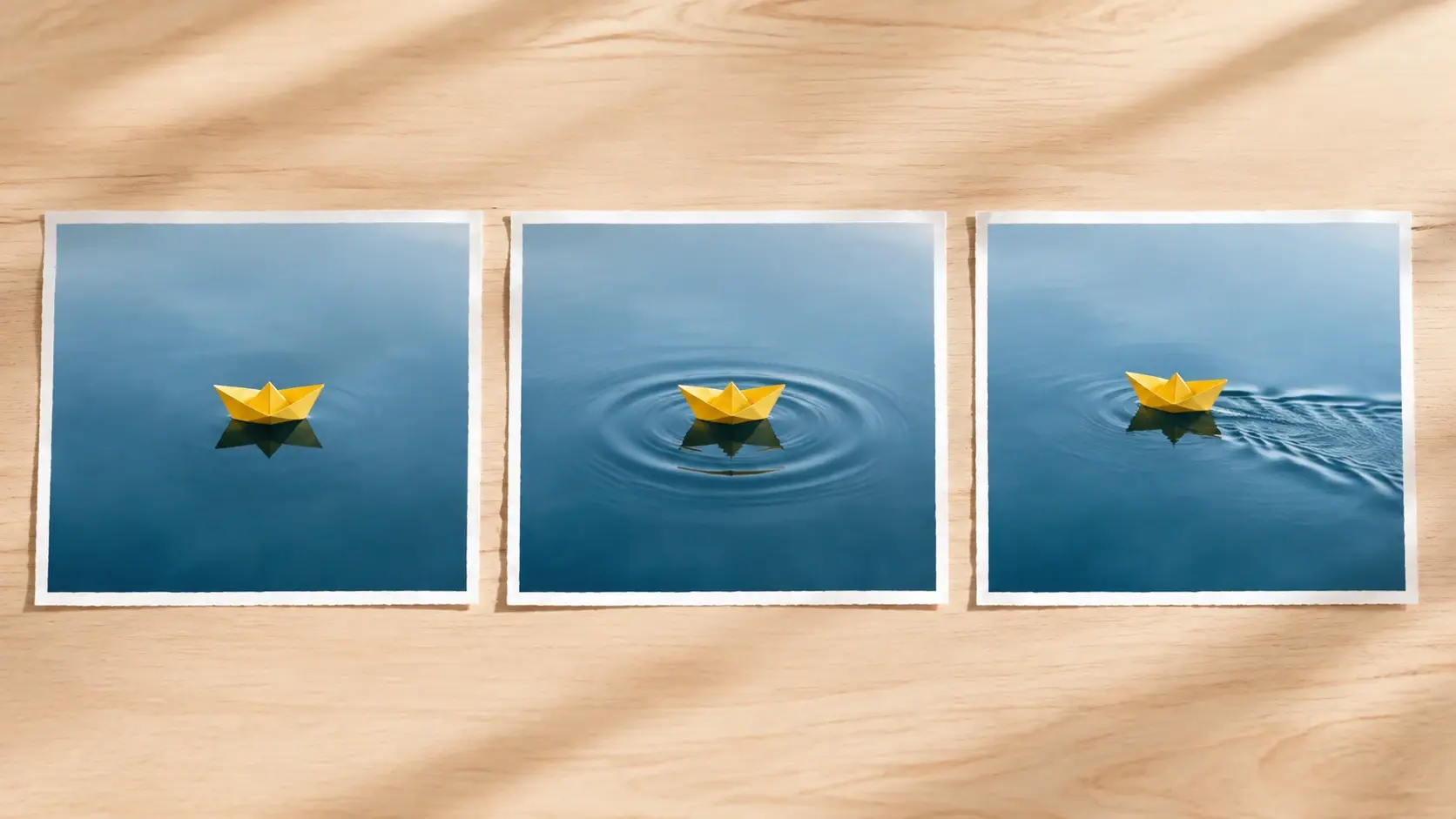 Three printed stills show the same yellow paper boat at rest, with one ripple, and with a gentle wake