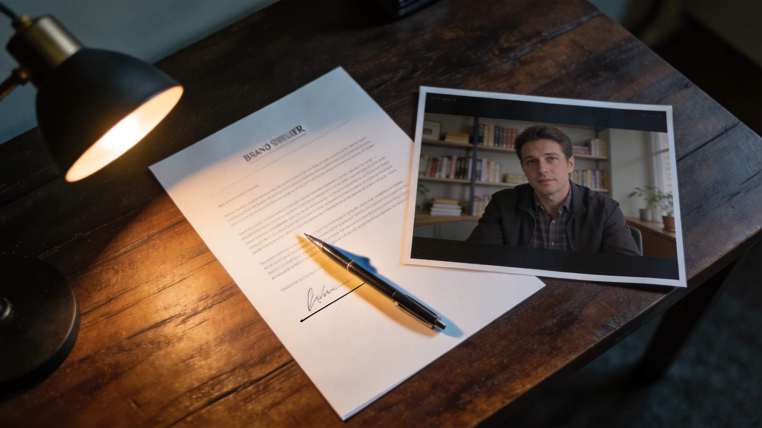 Signed brand consent form with pen beside a video portrait on a desk