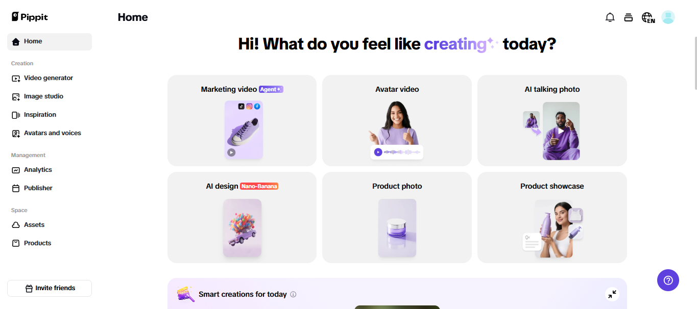 Tela inicial do Pippit