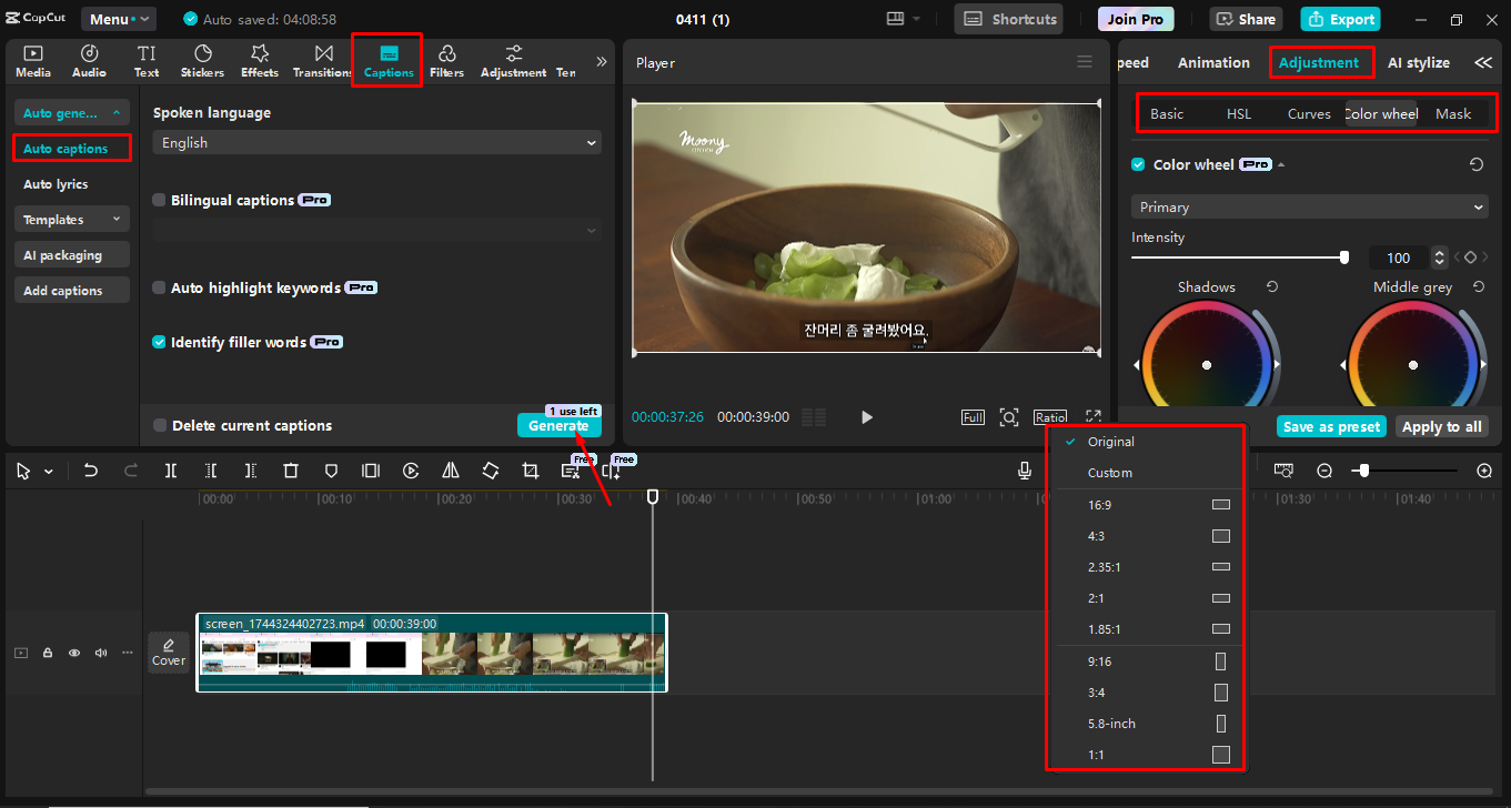 Refining the screen recording in the CapCut desktop video editor
