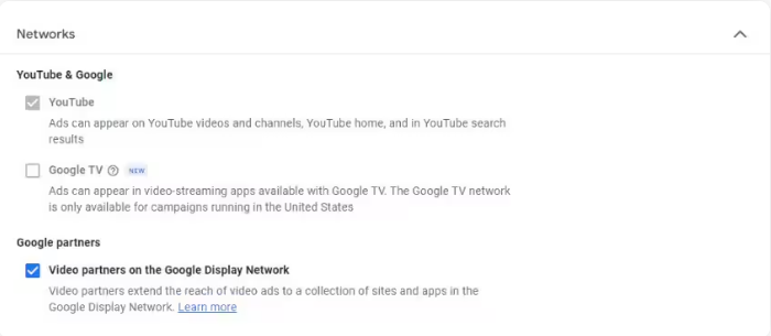 YouTuben näyttöverkon valinta Google-mainosten syötteissä