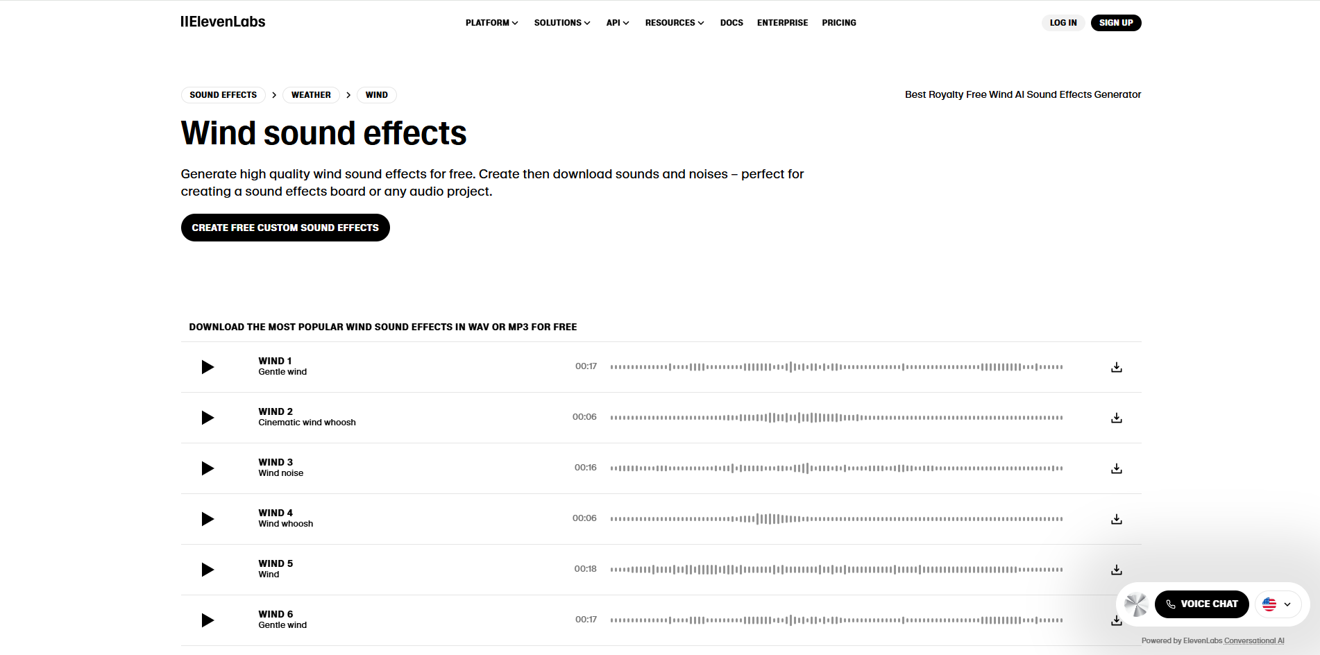 Interface of ElevenLabs - an easy way to download wind sound effects