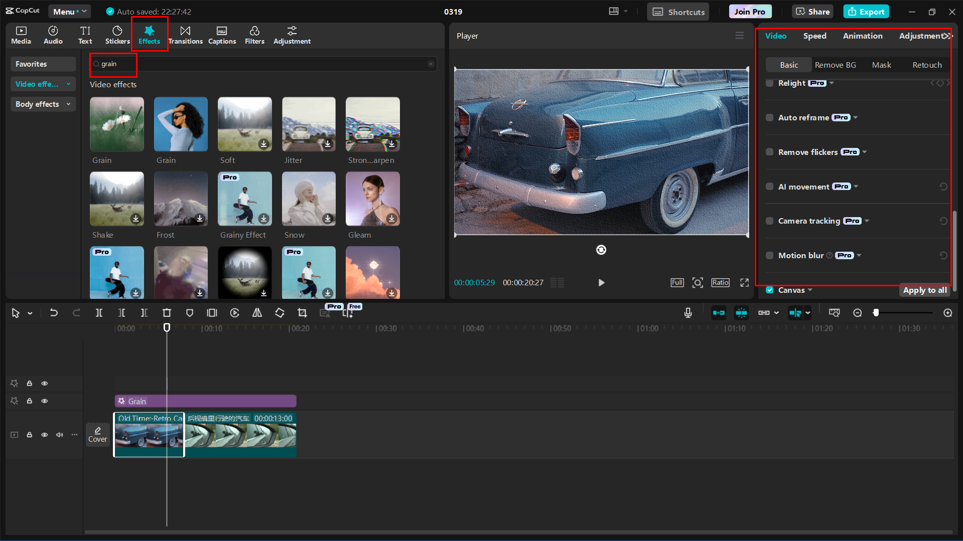 Applying grain effect to media with CapCut desktop video editor