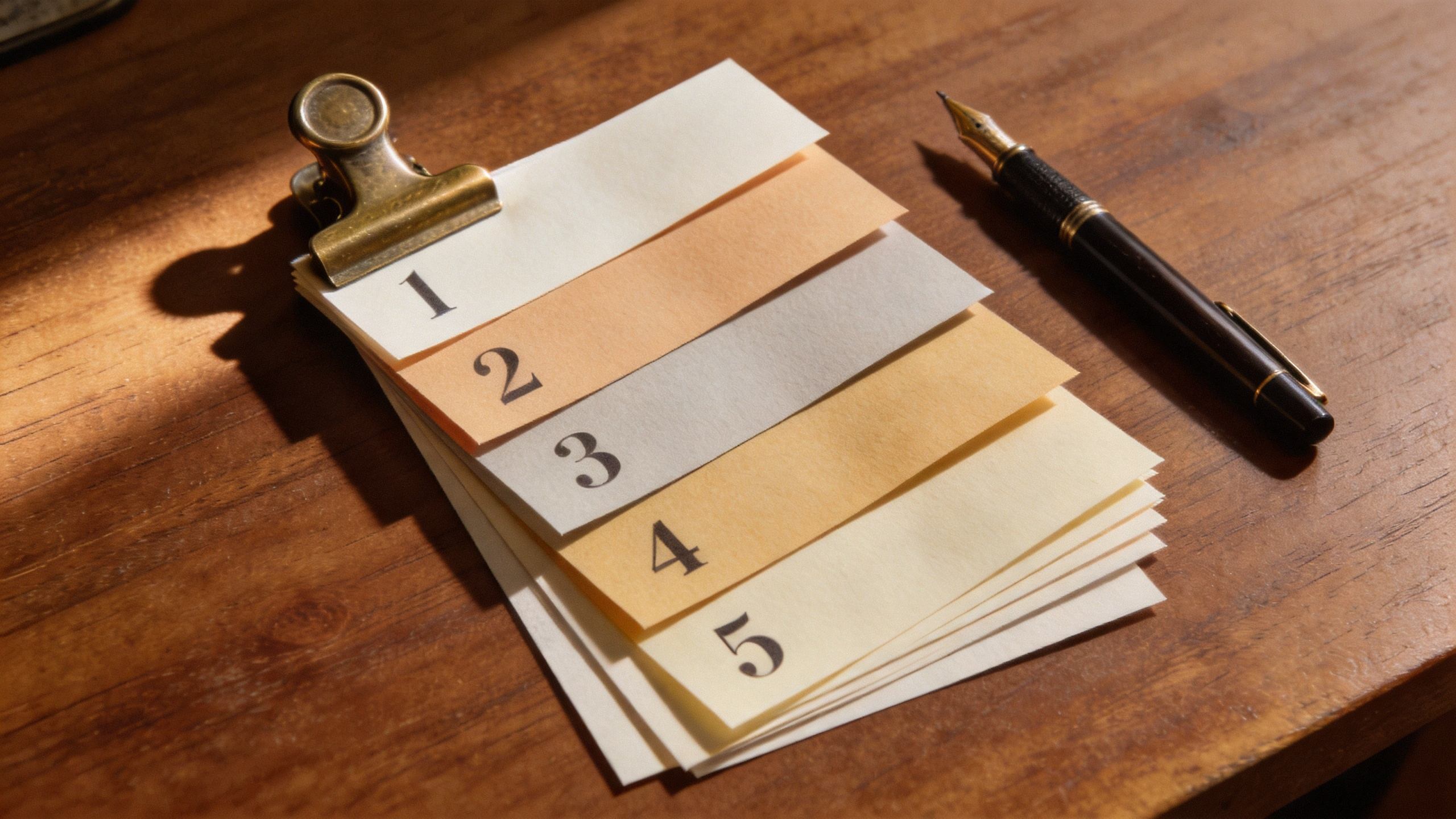 Numbered note cards clipped together beside a fountain pen on a wooden desk