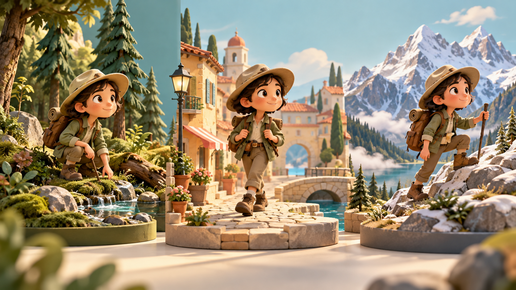 The same explorer character in forest, town and mountain scenes