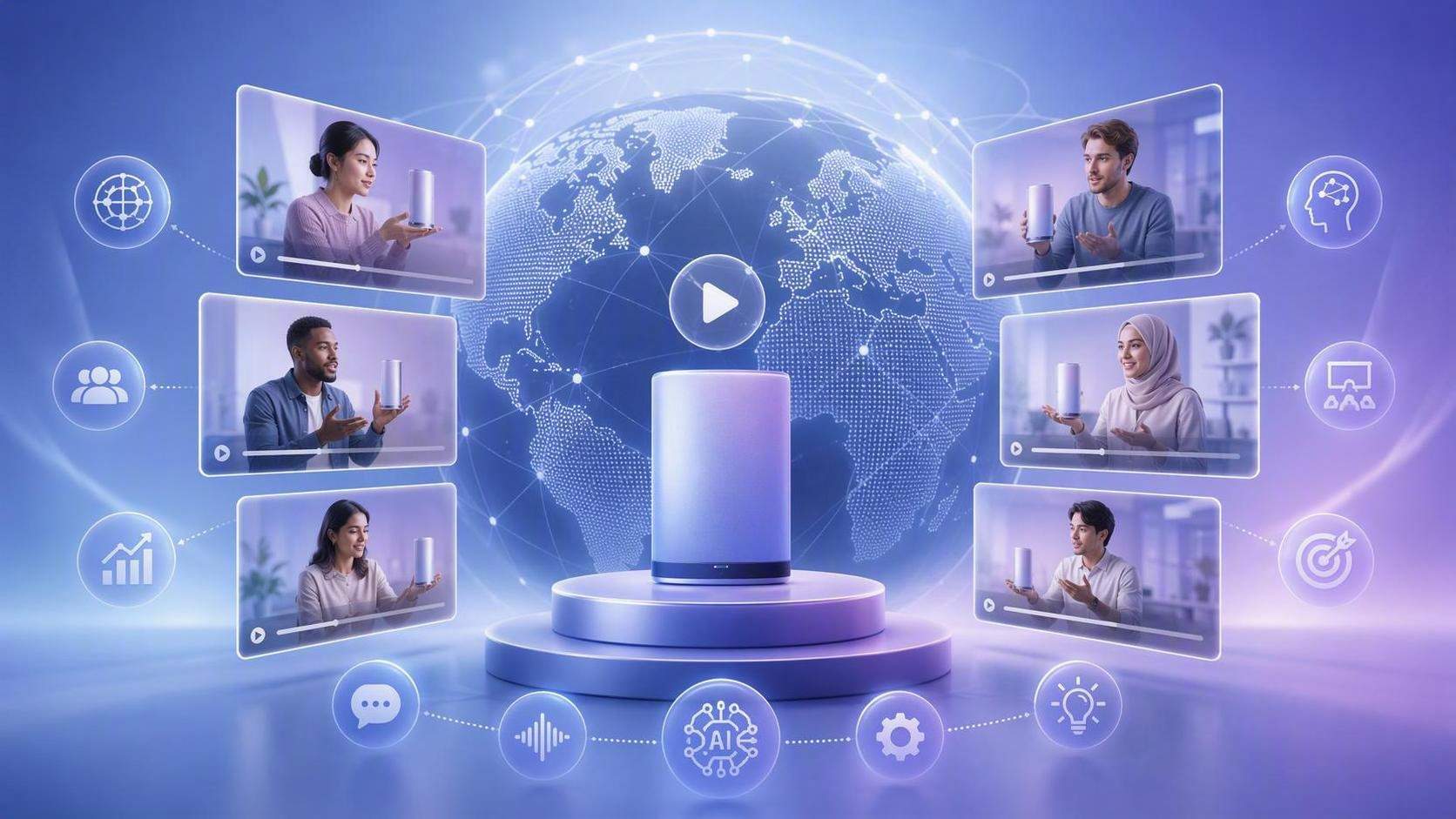 Global AI product explainer campaign visual with international launch motifs and product video frames.