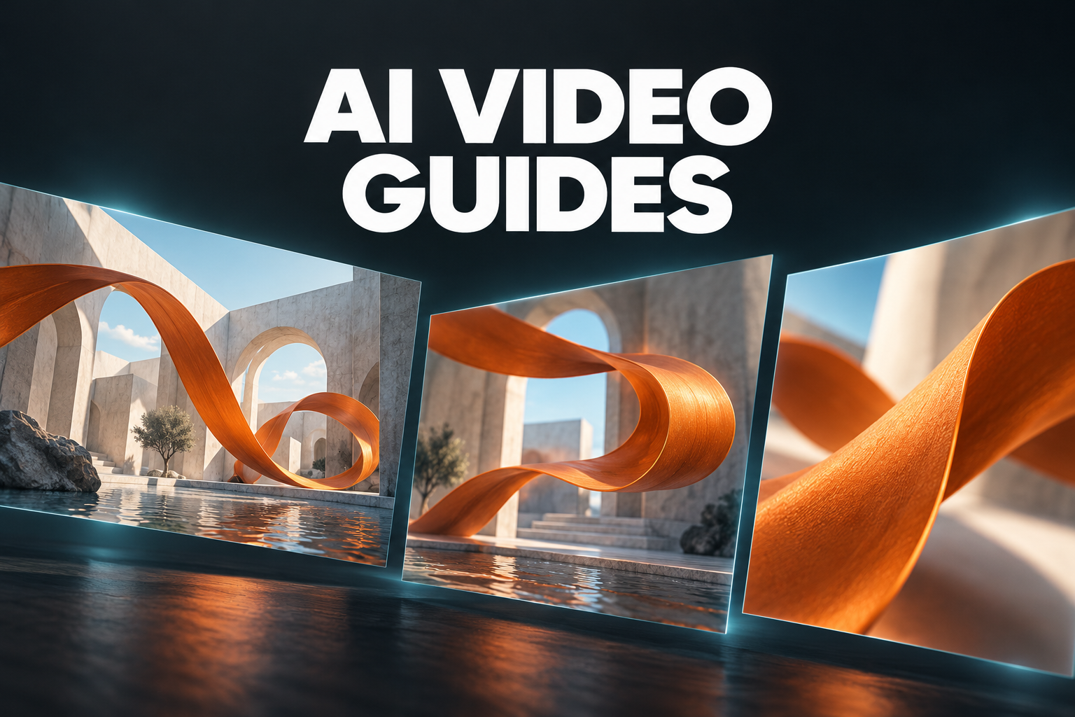 AI video guides cover showing three cinematic views of an orange ribbon in an architectural courtyard