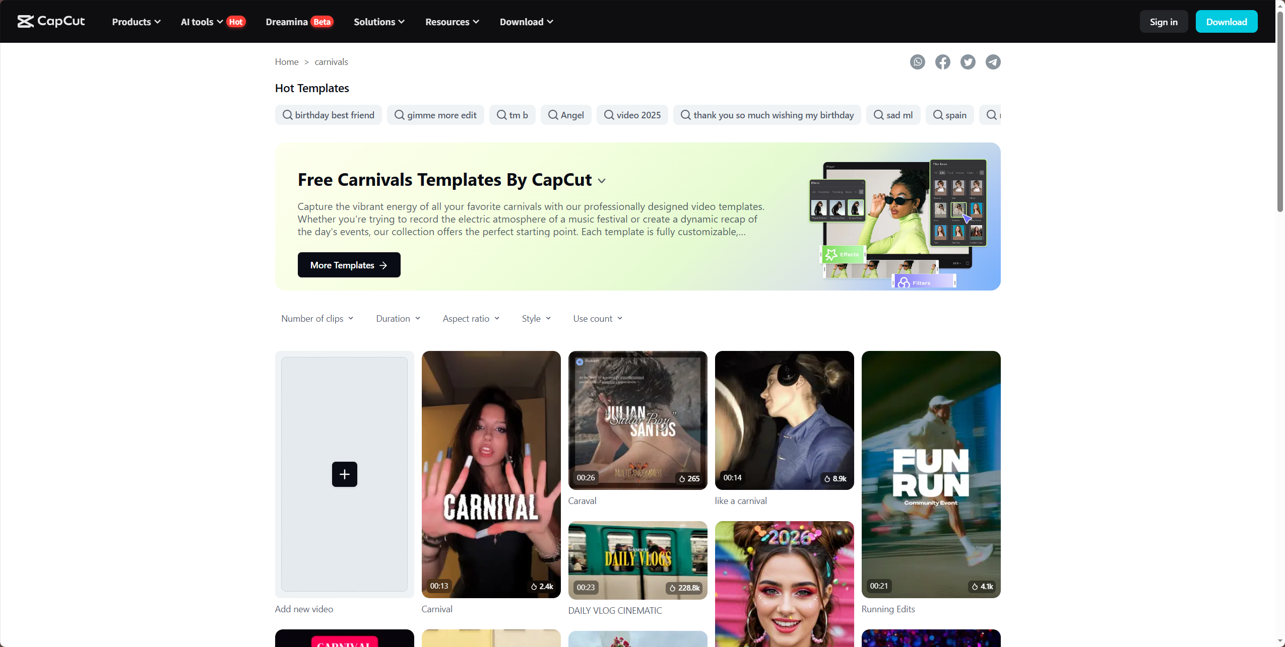 escolher template de carnaval no capcut