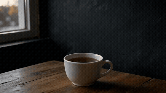 A dark wall beside a window; a patch of warm sunlight appears and resolves into the words Good morning.