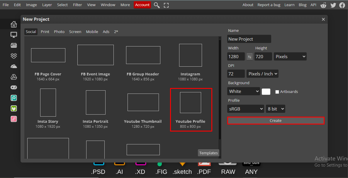 Creating a new canvas in Photopea