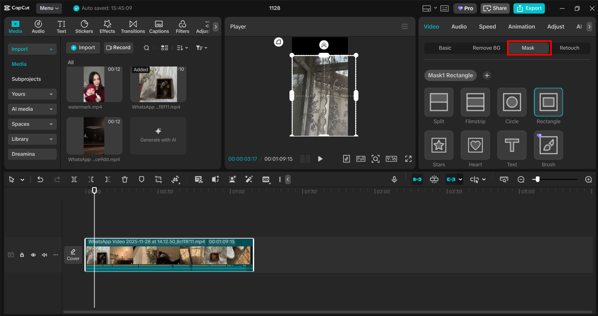 Resizing and positioning the mask over the watermark in CapCut PC