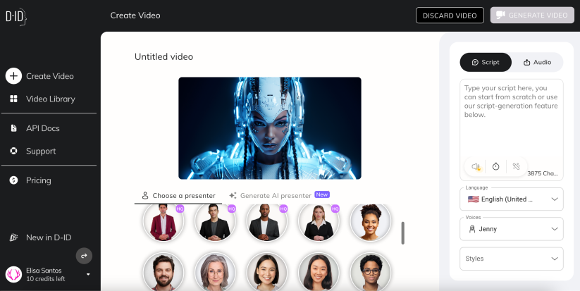 Interface of D-ID AI video generator