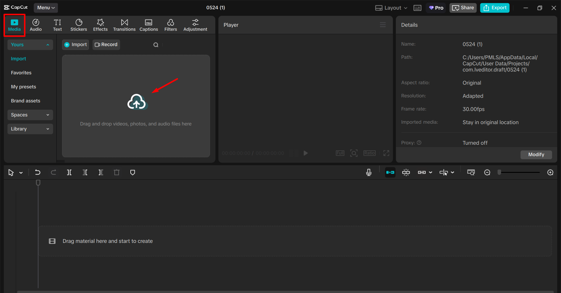 Importing the image in the CapCut desktop video editor