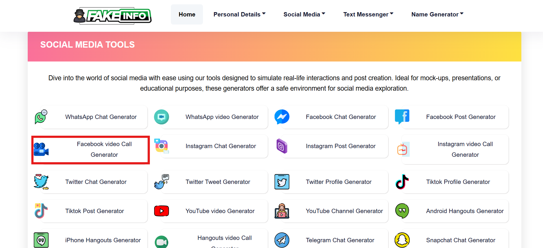 Select Facebook video call generator
