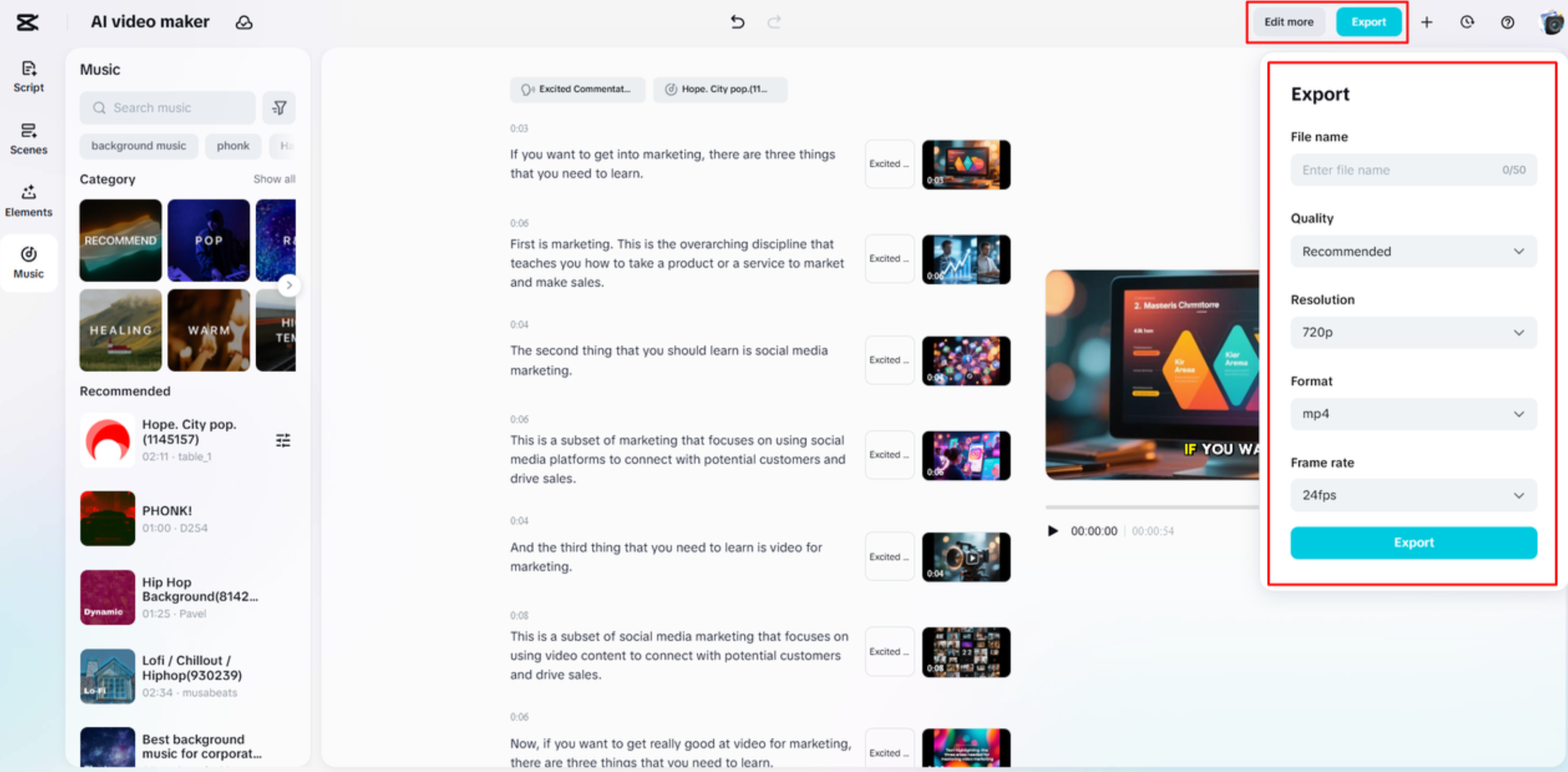 A videó exportálása a CapCut Webből