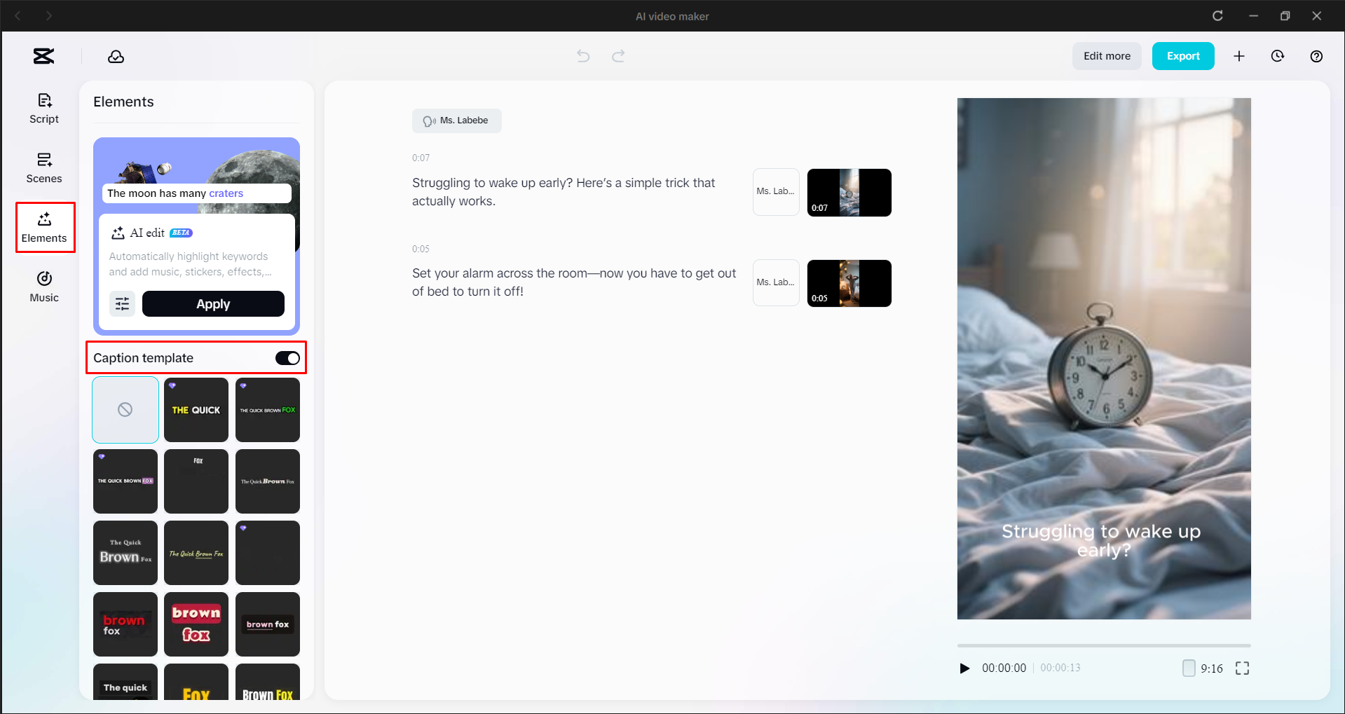 Adding caption templates to the video with CapCut's AI video maker