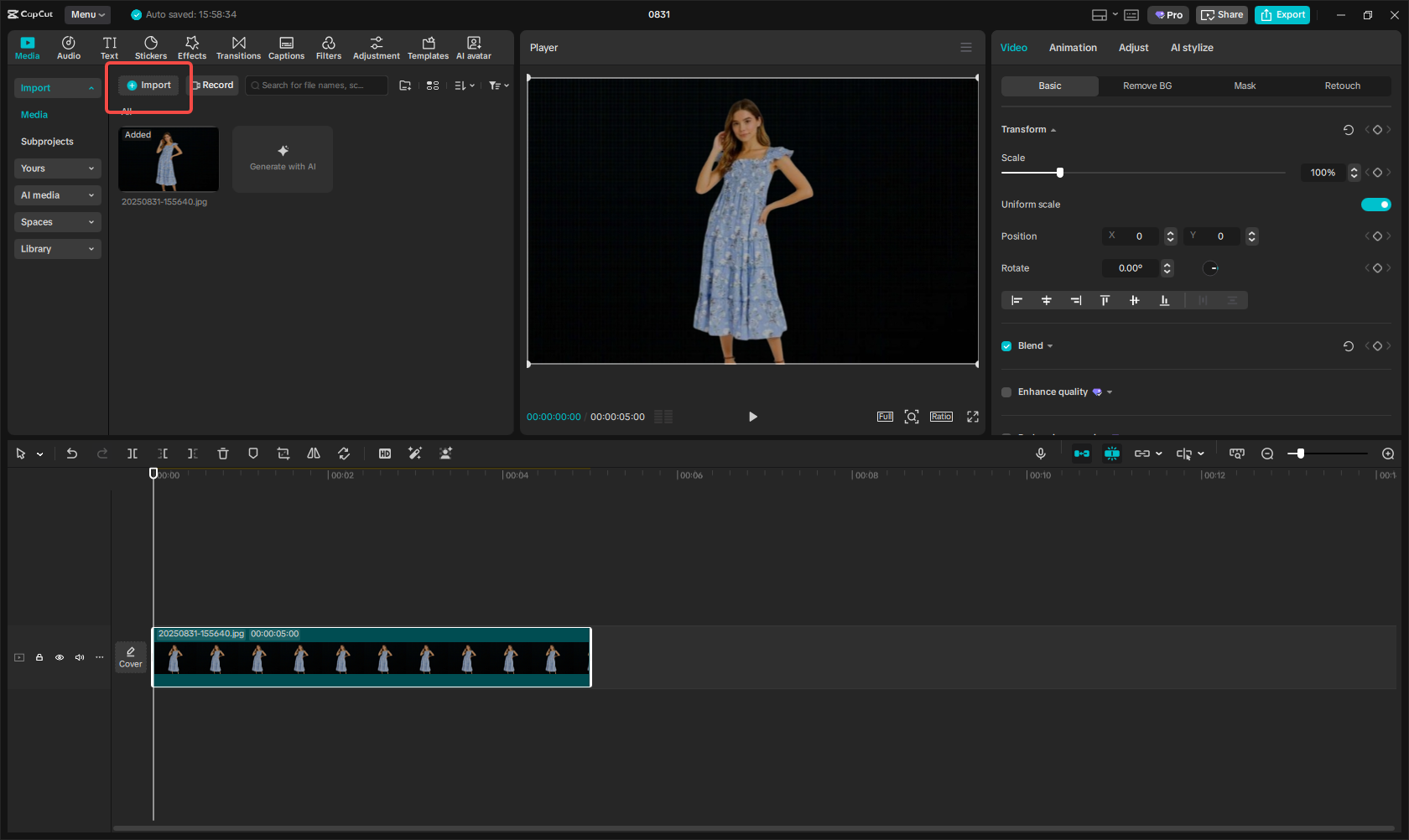 Importing the black background image/video in CapCut