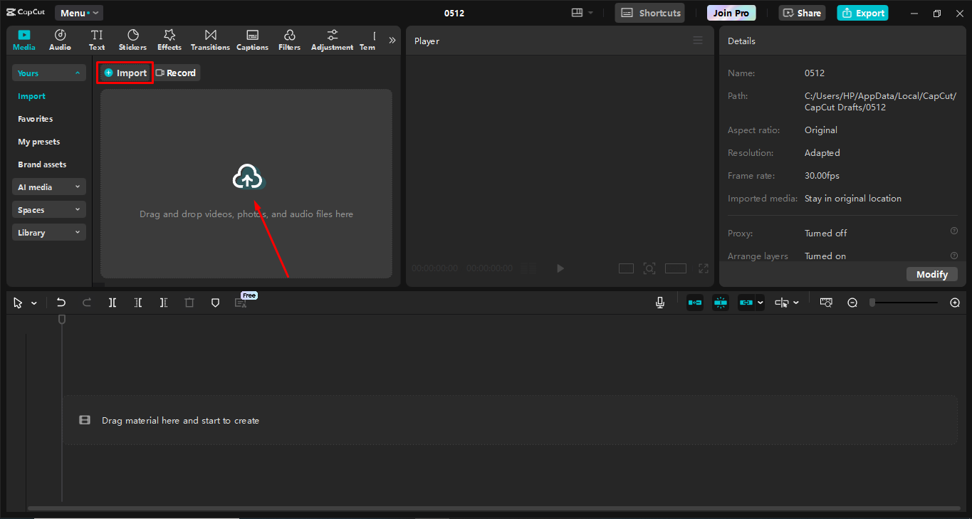 Uploading audio to the CapCut desktop video editor