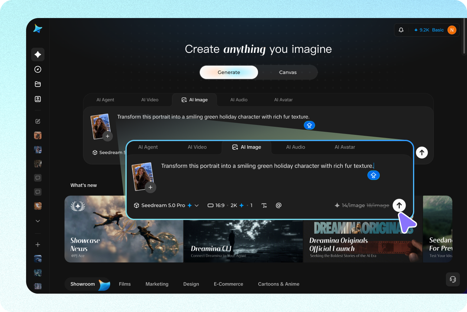  A screenshot of Dreamina's Create dashboard