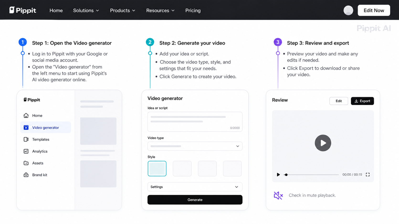 Three-step Pippit AI video generator guide with review and export screen