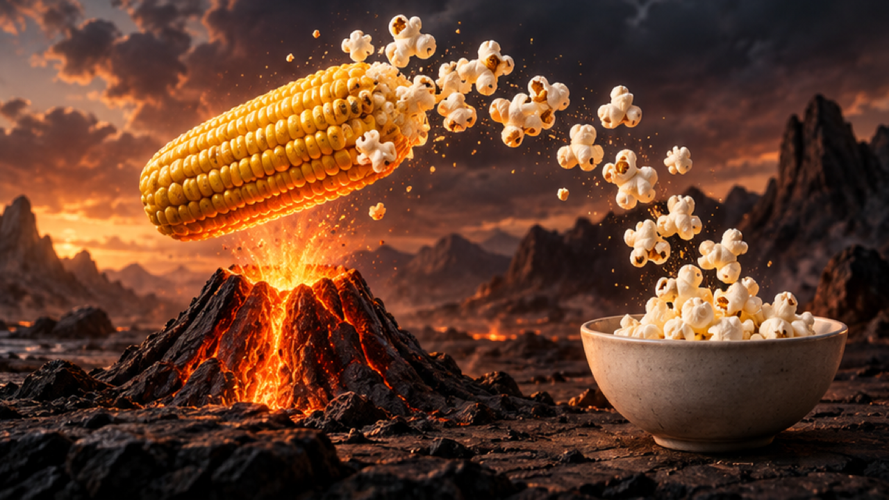 16:9 premium cinematic fantasy food still, one golden corn cob hovering over small glowing volcano on dark volcanic ground, readable arc of white popcorn into plain ceramic bowl, warm orange light, crisp food texture, wide composition, no people, text or logos.