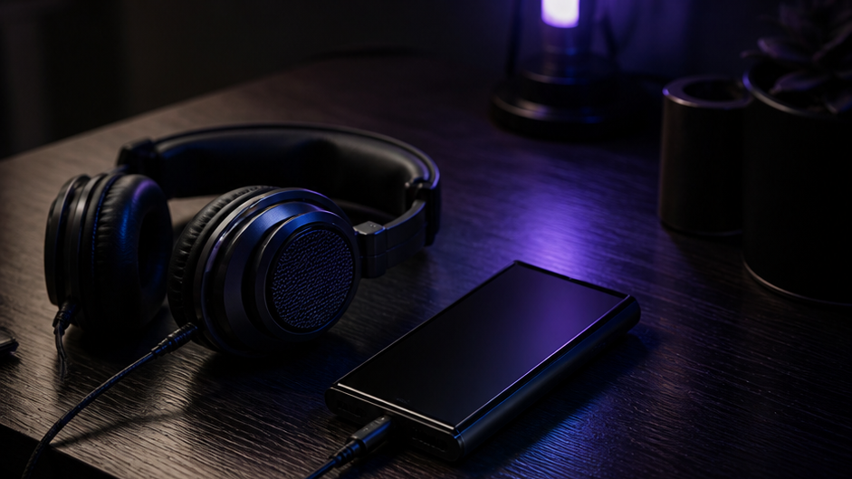 Dark Aesthetic Music Player Photo Prompt original 16:9 cover visual