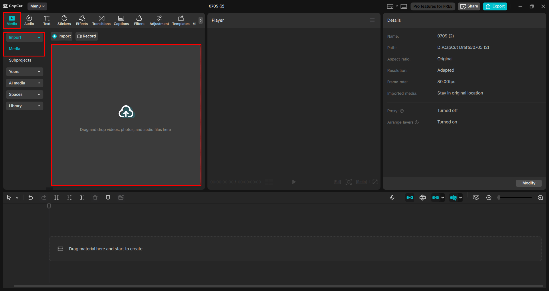 Importing a video into the CapCut desktop video editor