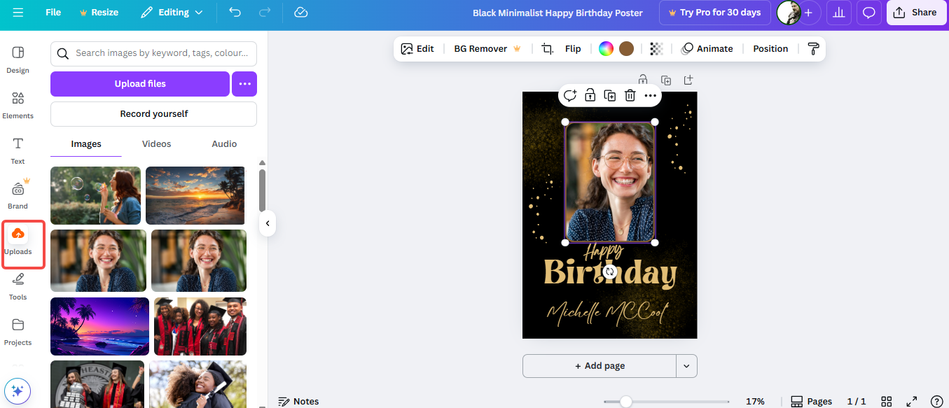 Upload and insert images or graphics to your poster in Canva