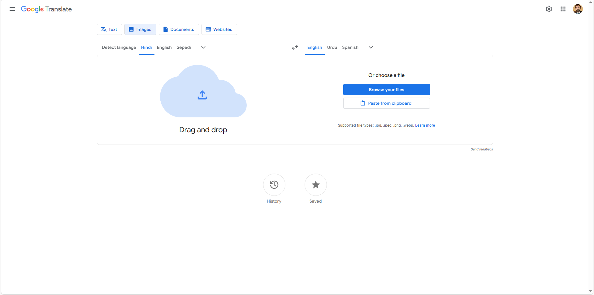 Import the Hindi image to Google Translate