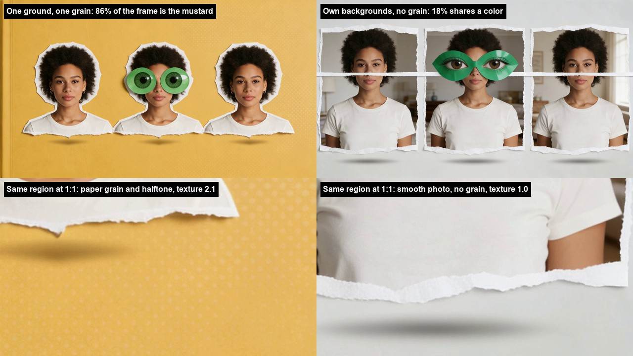 Top left: the finished collage on its mustard ground. Top right: the same three cut-outs each with its own blurred room behind it on a pale gray wall, a white paper strip crossing all three faces at eye height. Bottom: the ground at full pixel size from each, grainy mustard with halftone dots on the left, smooth photographic blur on the right.
