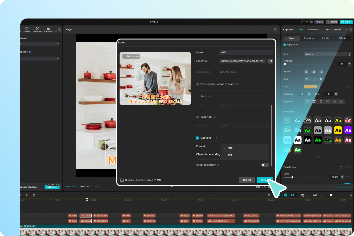 Edit and export your bilingual caption file