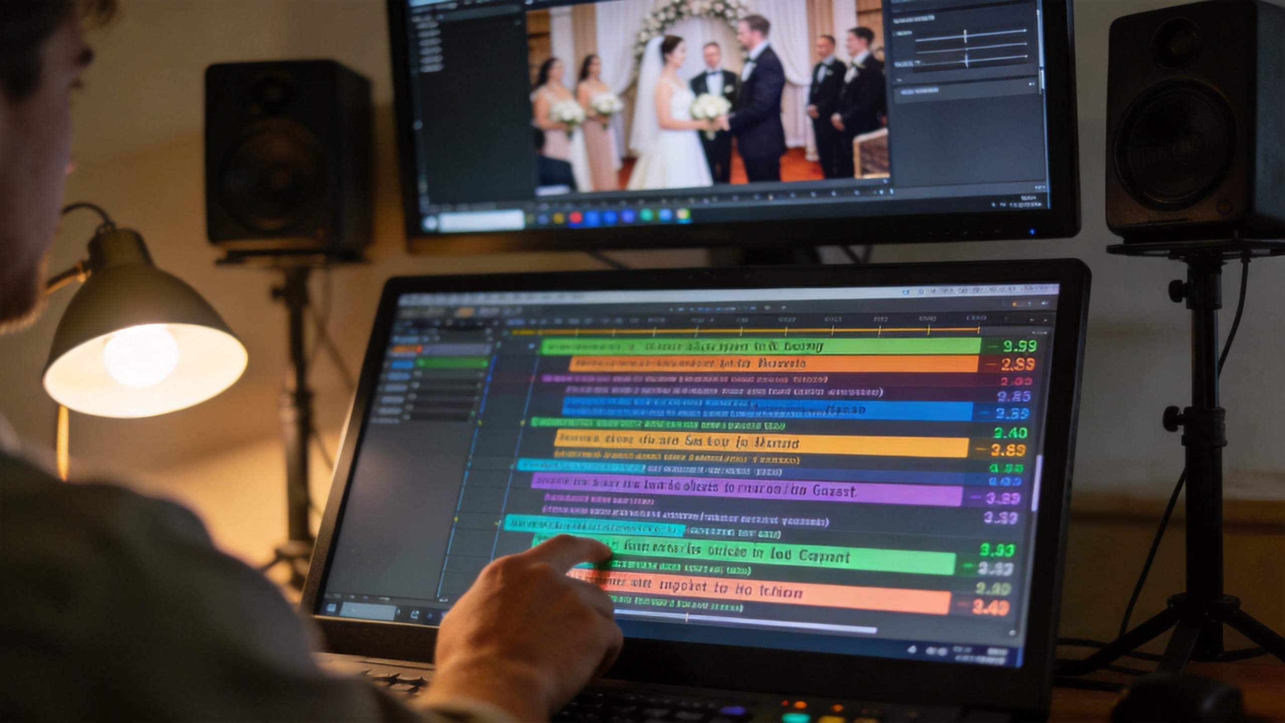 Editor at a dual-monitor workstation editing a wedding video timeline