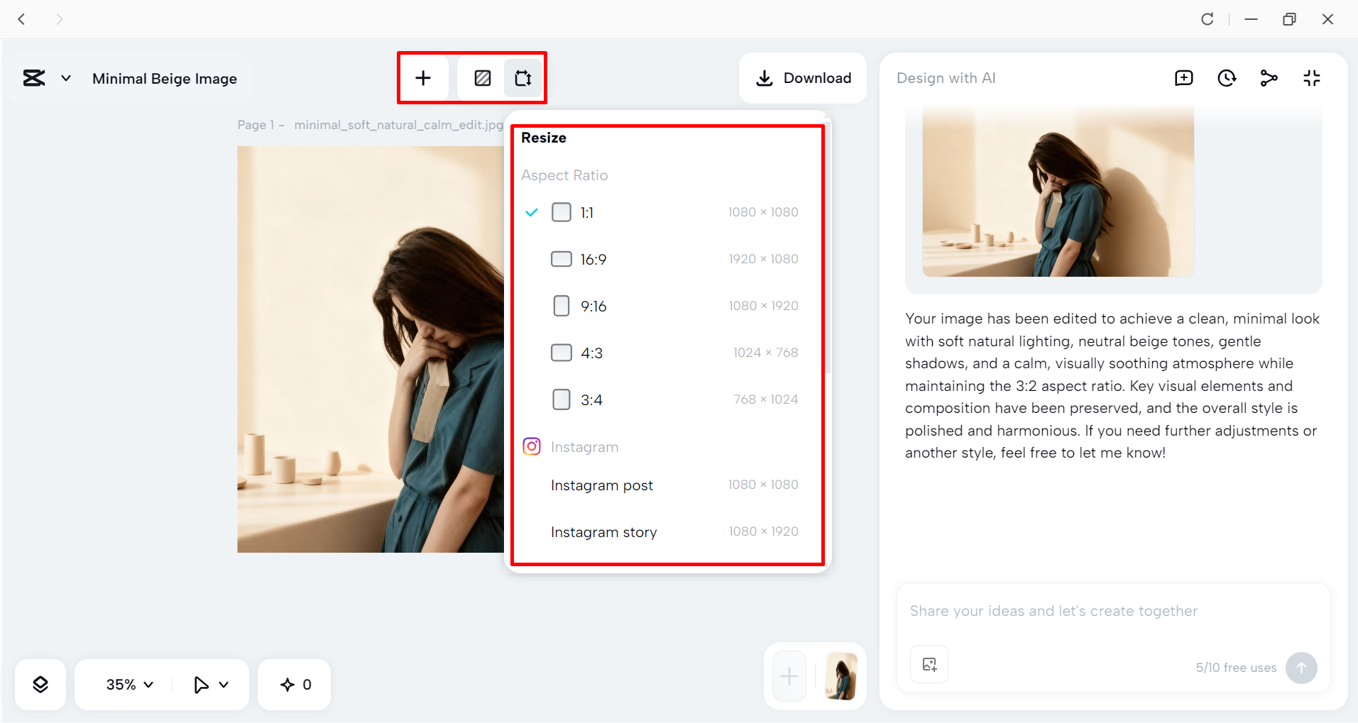 Resizing and upscaling the image in the CapCut desktop video editor