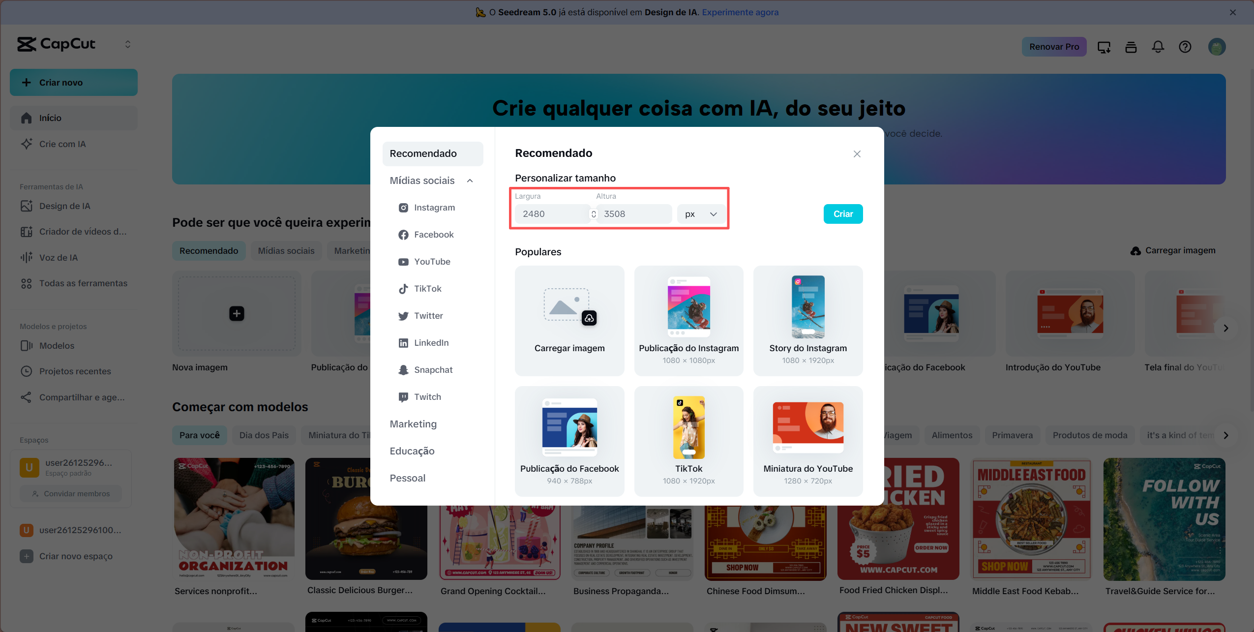 Configurando a dimensão da página para A4