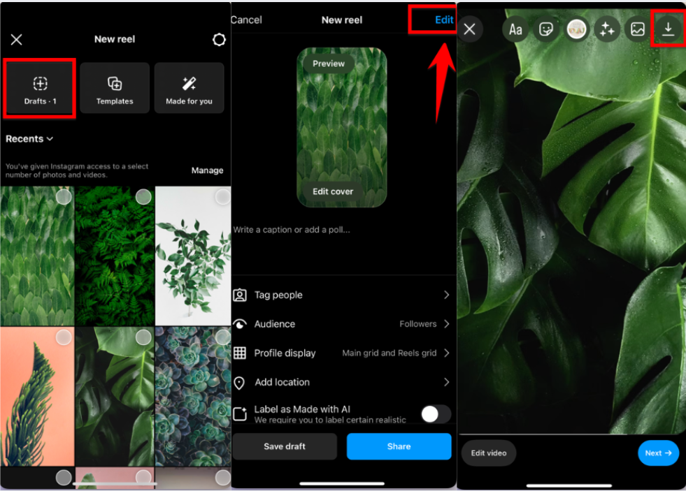 Showing how to download my own Instagram Reels from drafts