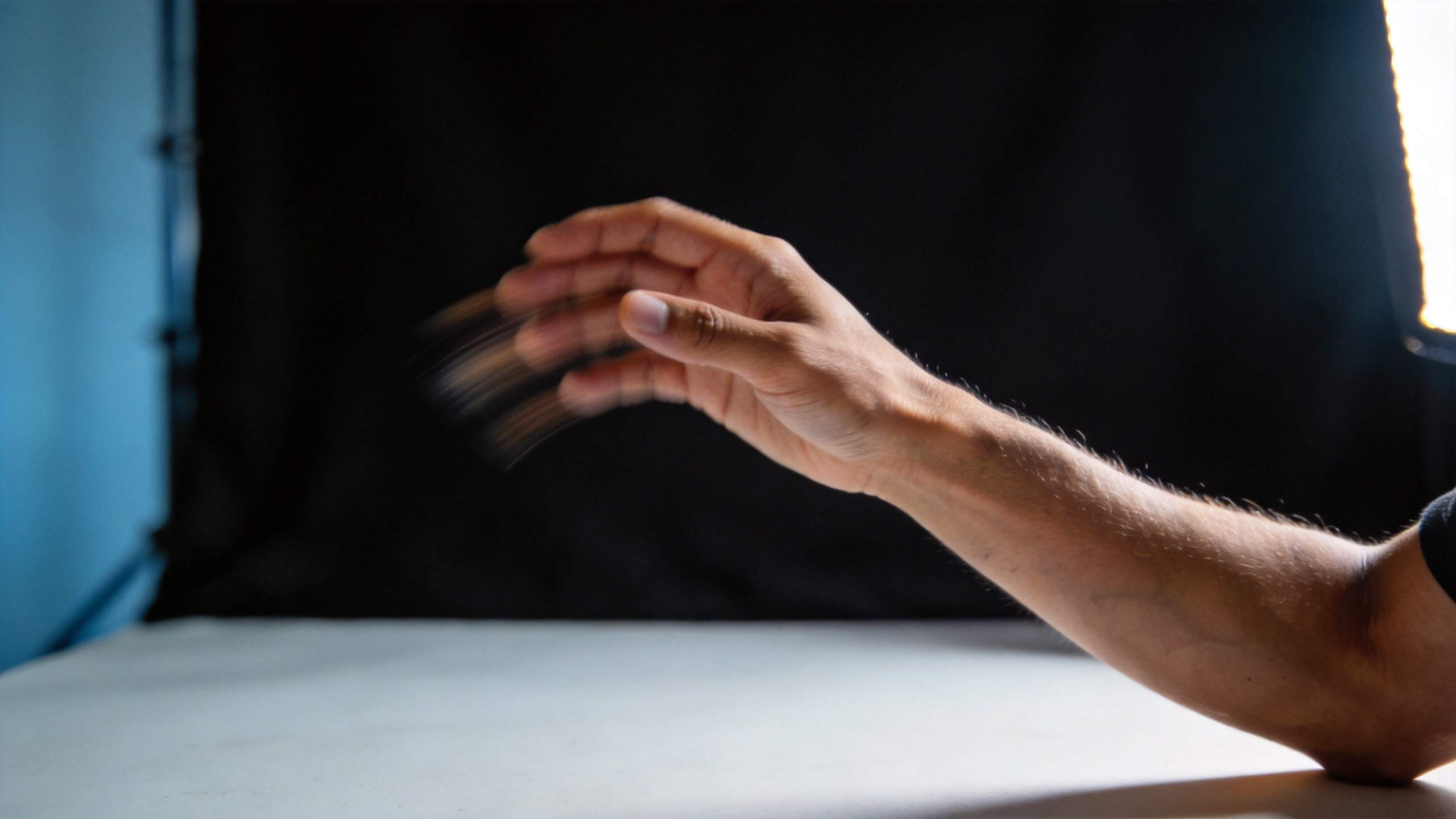 A hand blurs in motion over a tabletop against a dark studio background.