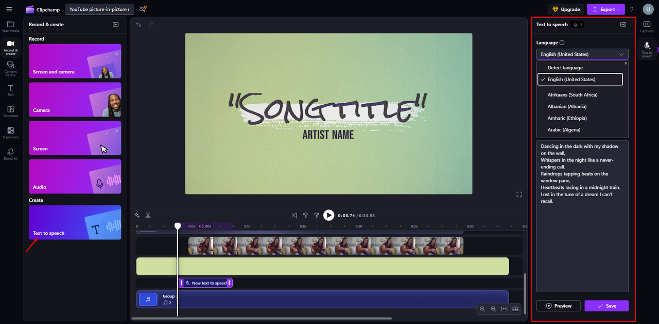 Selecting language and Microsoft text to speech voice