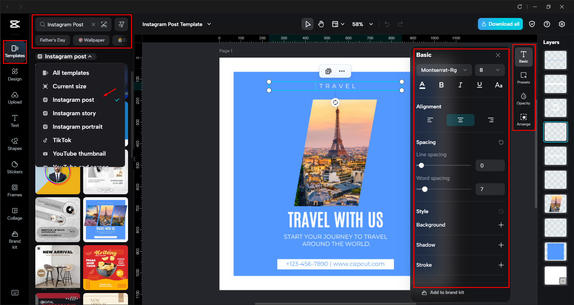 Editing an Instagram post template in the CapCut desktop video editor