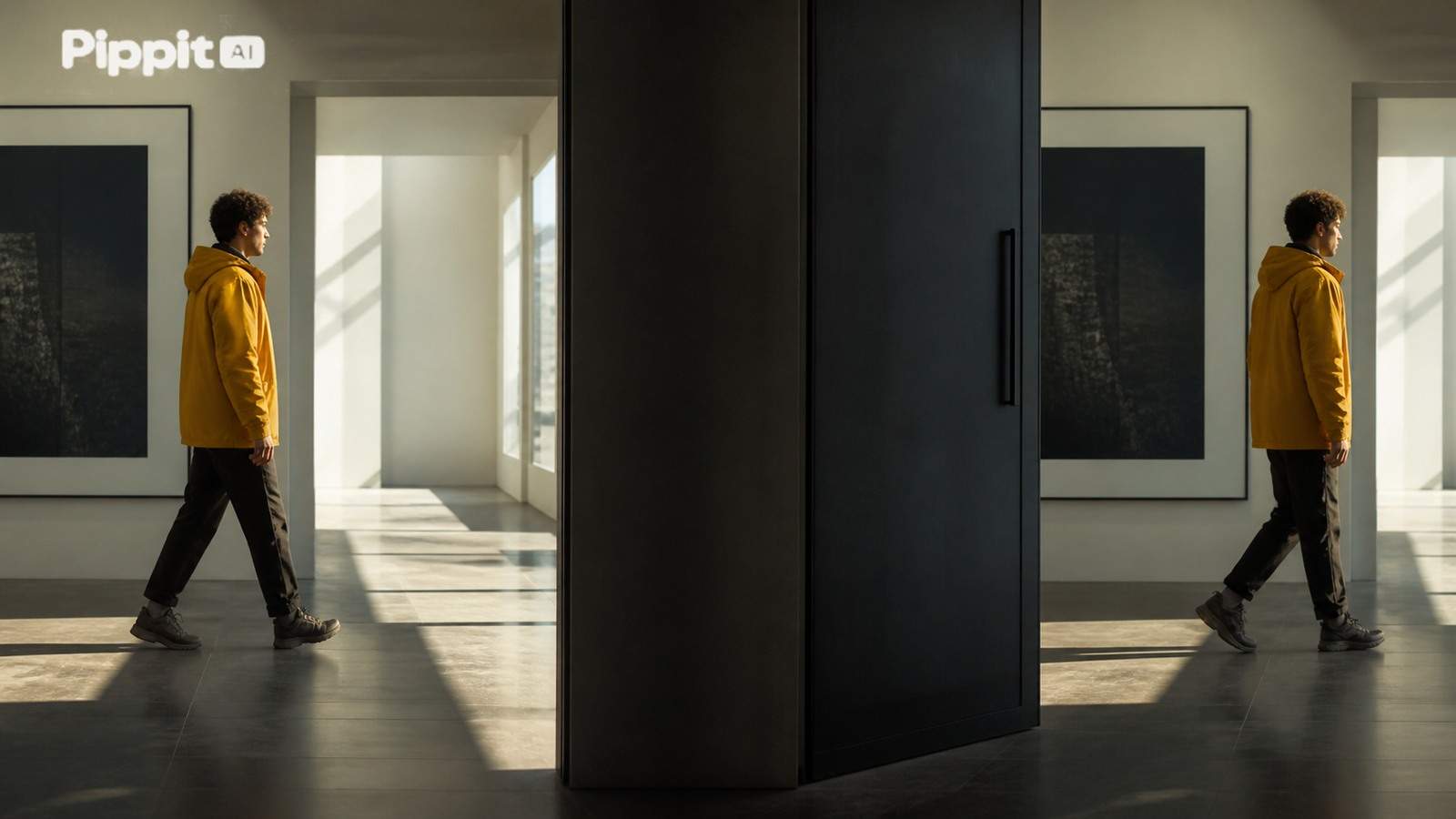 Man in a yellow jacket walks through a sunlit gallery, mirrored on both sides.