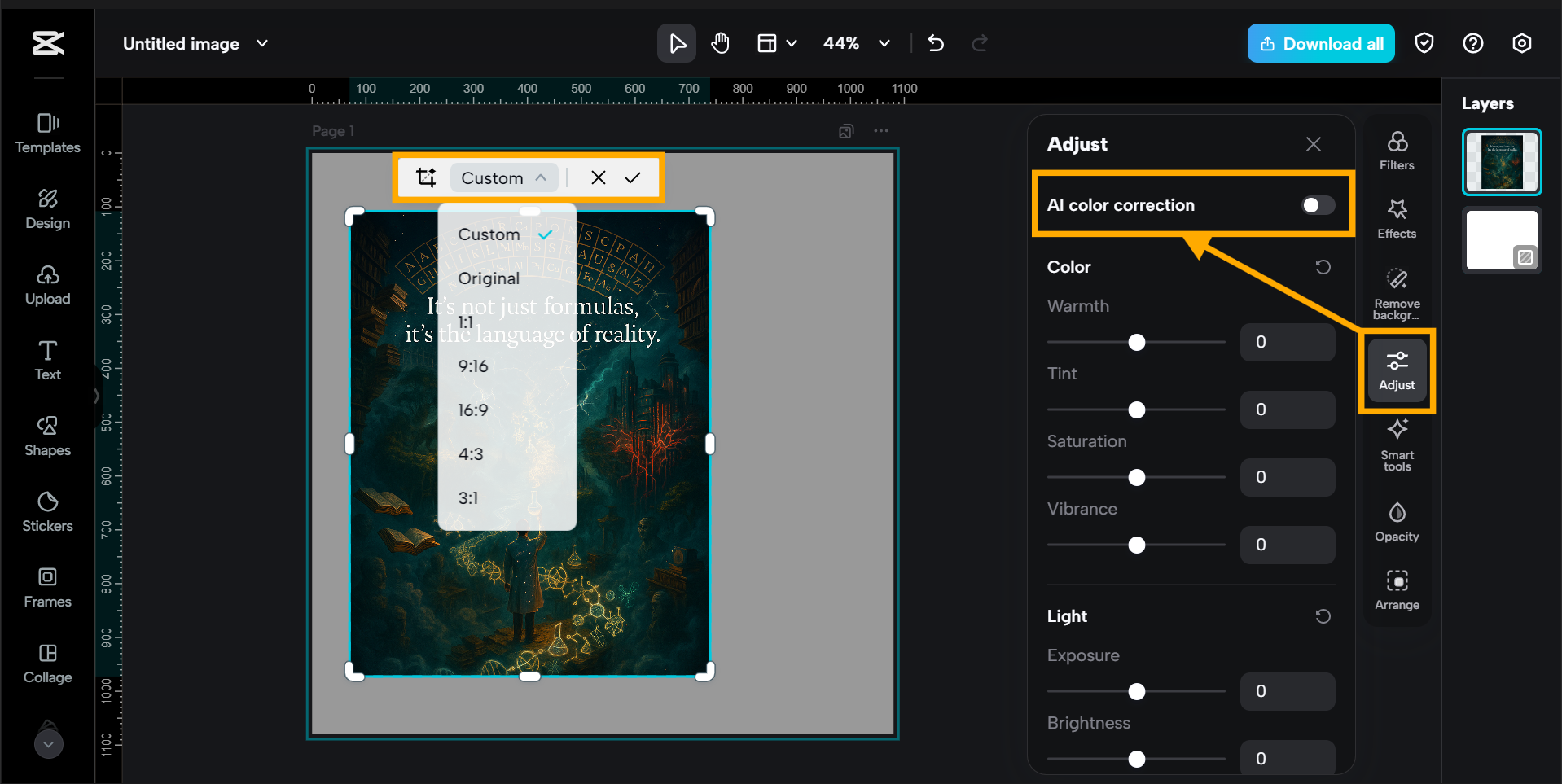 Pagsasaayos ng exposure, contrast, at mga anino sa CapCut - raw photo editor workflow