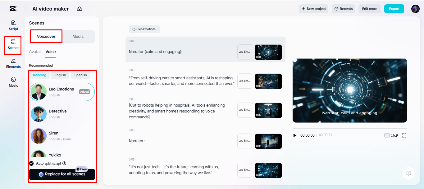 Adding voice over to video in CapCut's AI video maker