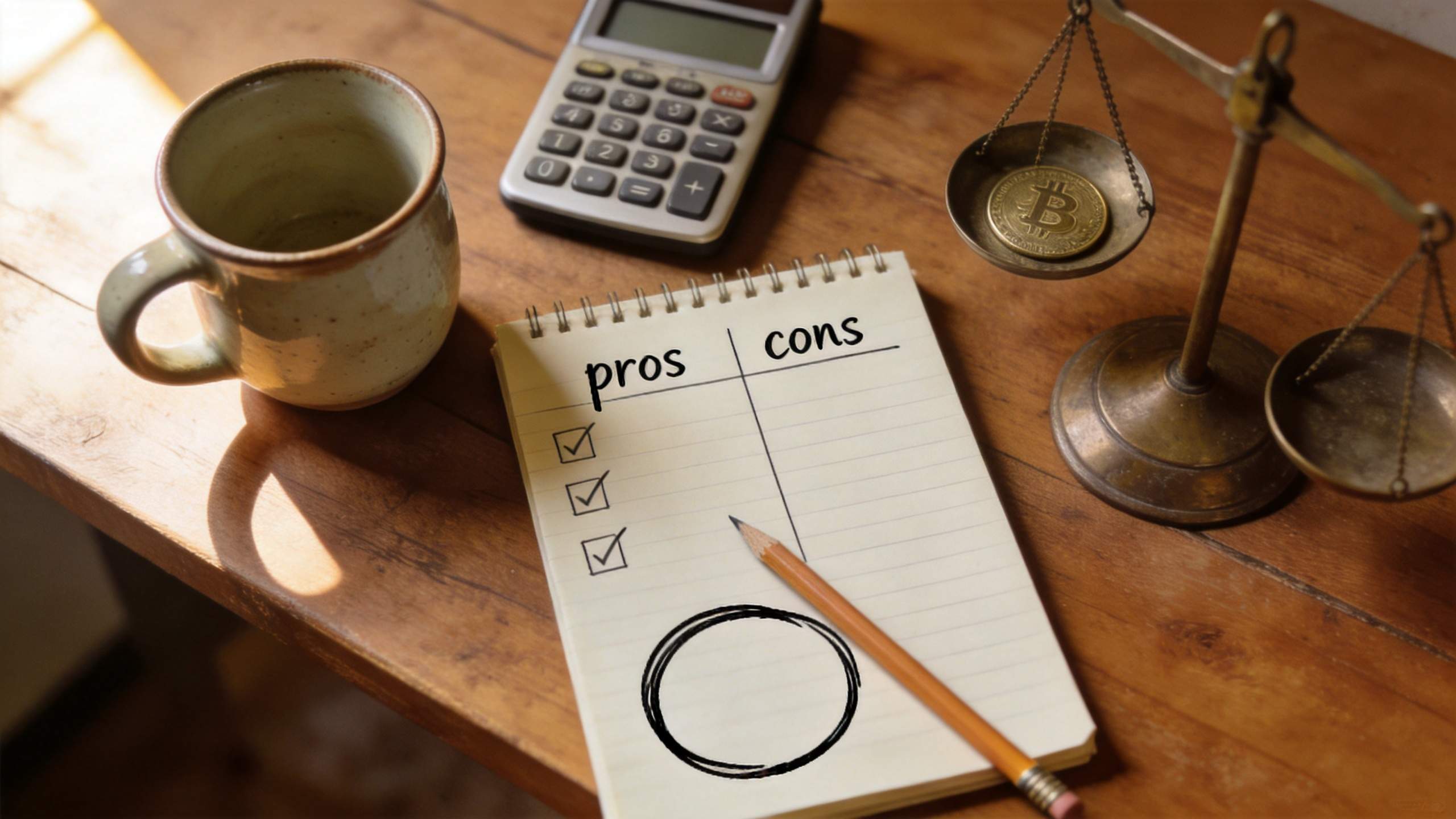 Pros and cons notebook beside a calculator, coffee mug, pencil, and balance scale